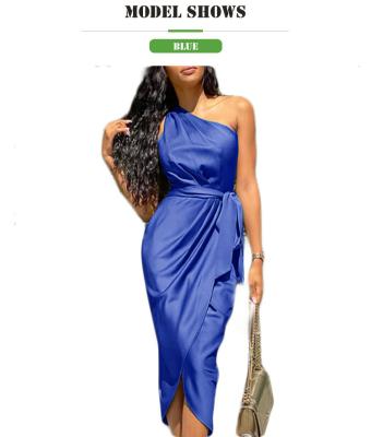 China Custom Lady Solid Color Maxi Dress Women Plus Size Fashion Anti-wrinkle Lace Up Slash Neck Elegant Summer Casual Dresses for sale