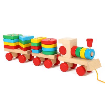 China New Arrival Actions Kids Wooden Toys Train Educational Pull Trolley Block Train Wooden Push Pull Toys for sale