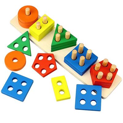 China Kindergarten Learning Toys Love Wood Color Wooden Preschool Shape Recognition Education Board Block Pile Kind Geometric Toys for sale