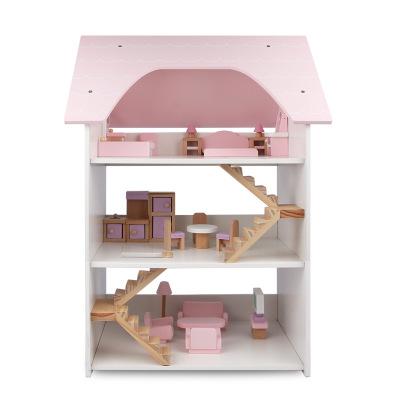 China New Arrival Wooden Children Pretend Role Play Miniature Furniture DIY Wooden Pink Dollhouse For Girls for sale