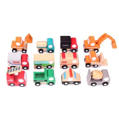 China New Style 12pcs Wooden Cute Wooden Car Toys Mini Fire Truck Police Car Vehicles Play For Kids for sale