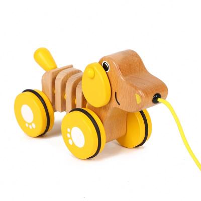 China New Design Wooden Children Play Toddler Cartoon Dog Safety Wooden Toys Anmimal Back and forth Toys for sale