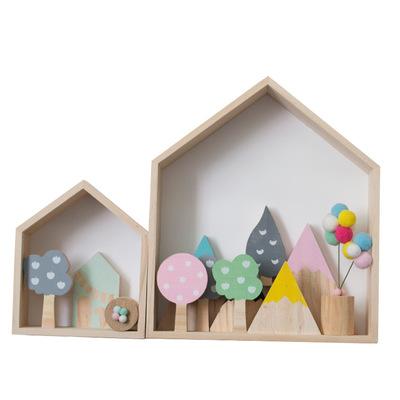 China Europe's most popular 2pcs home decorative shelves storage shape children's room diy wood wooden wall shelf for sale