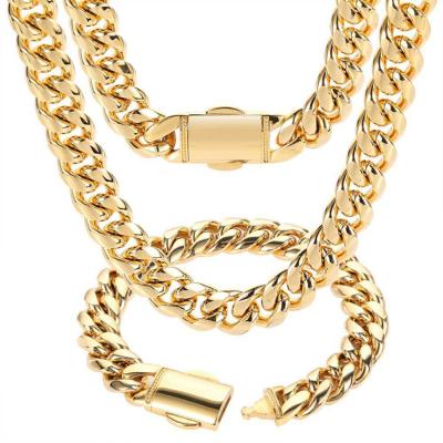 China Hot Selling Hip Hop Stainless Steel Miami Gold Cuban Chain Necklace 18k New Hip Hop Box Clasp Engraved Logo Cuban Link Chain for sale