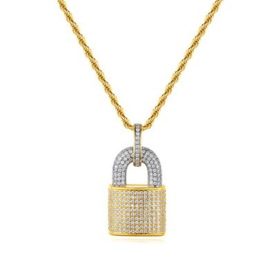 China Hiphop Drop Shipping Padlock Lock Necklace Iced Out Cubic Zircon Diamond Brass Mens Copper Inlay Zircon Key Pendant for sale