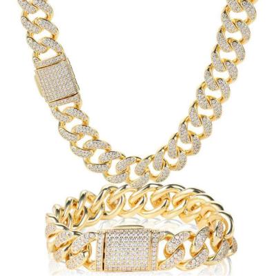 China Hiphop Full Copper Zircon Bracelet 15mm Clamshell Buckle Double Row Micro Diamond Cuban Chain Hip Hop Inlaid Necklace for sale