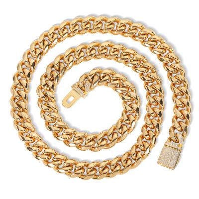 China Hiphop Hip Hop 12mm Gold Necklace Titanium Steel Round Grind Cuban Chain Stainless Steel Diamond Set Clamshell Buckle Necklace for sale