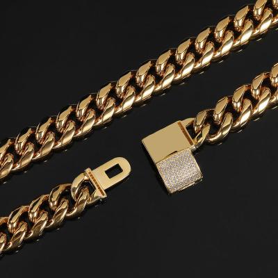 China Gold Cuban Chain Custom 12mm Hip Hop Jewelry Stainless Steel Diamond Set Clamshell Buckle Necklace Titanium Steel Round Grind for sale