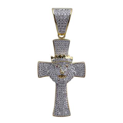 China Hiphop Lion Full Zircon Pendant Bronze Cross With Crown Cross Pendant Hip Hop Hippie Man Necklace Pendant for sale