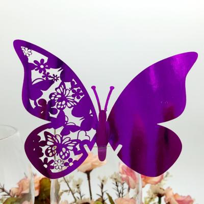 China event & Party Supplies Purple Butterfly Pearl Paper Wine Glass Cup Cards Laser Cut Place Name Cards for sale