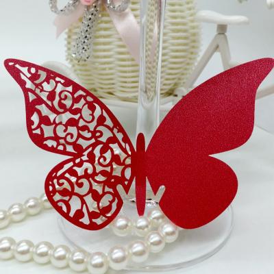 China event & Party Supplies Red Butterfly Wedding Pearl Paper Wine Glass Cup Cards Laser Cut Place Name Cards for sale