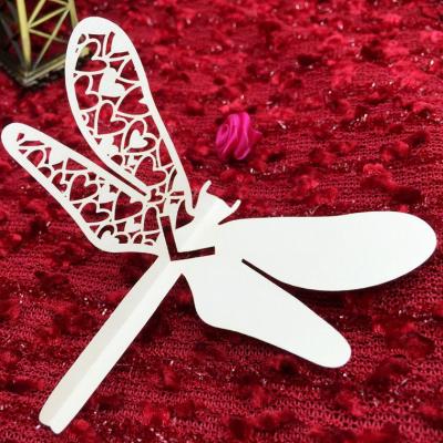 China event & Party Supplies White Color Dragonfly Shape Laser Cut Pearl Paper Wine Cup Escort Card Place Name Cards For Wedding Favor Party Decoration for sale