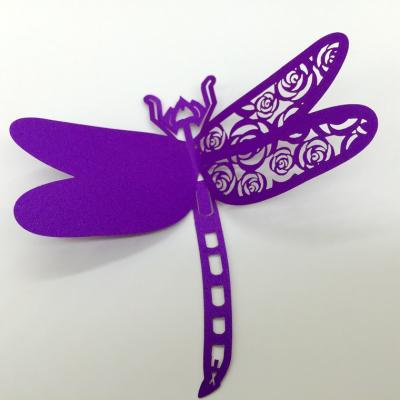 China event & Party Supplies Purple Color Dragonfly Shape Laser Cut Pearl Paper Wine Cup Escort Card Place Name Cards For Wedding Favor Party Decoration for sale