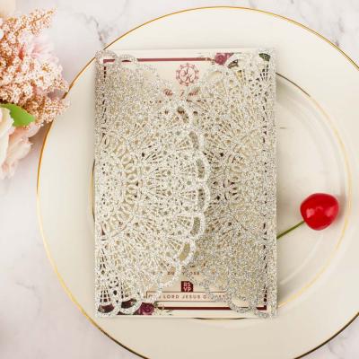 China Europe Laser Cut Silver Glitter Paper Wedding Invitation Card Greeting Gift Pocket For Wedding Engagement Bridal Shower Birthday for sale