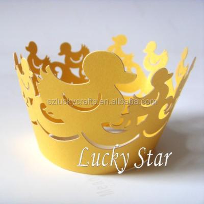 China cute yellow gold duck laser cut pearl paper cupcake wrapper for bakery baby show party supply decoration A001 for sale