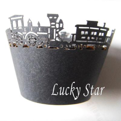 China Cute black pearl train paper laser cut pearl paper cupcake wrapper for bakery kids birthday baby show party supply decoration for sale