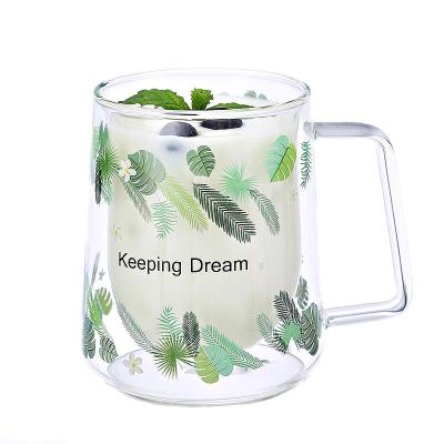 China Viable Hot Sale Double Wall 330ml Coffee Mug Glass Tea Cups Made In China Green Leaf for sale