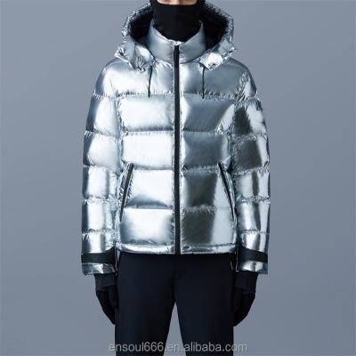 China Anti-wrinkle Wholesale Outdoor Warm Down Streetwear Custom Logo Nylon Silver Hooded Winter Bubble Puff Filled Down Puffer Jackets for Men for sale