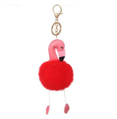 China Hiking Fur Ball Purse Accessories Handbag Ornament Gift Pu Leather Flamingo Fur Pom Pom Keychain for sale