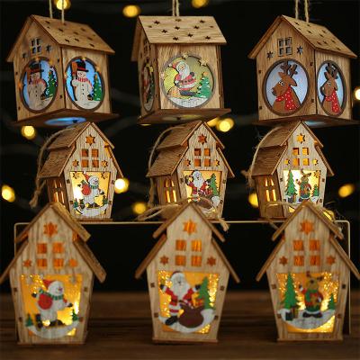 China Christmas Wood House Led Light Wood House Christmas Tree Decorations For Home Hanging Ornaments Christmas Gift for sale