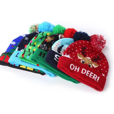 China With light 2021 new adult children plush and soft knitted hat ball with Halloween Christmas winter led wool hat for sale