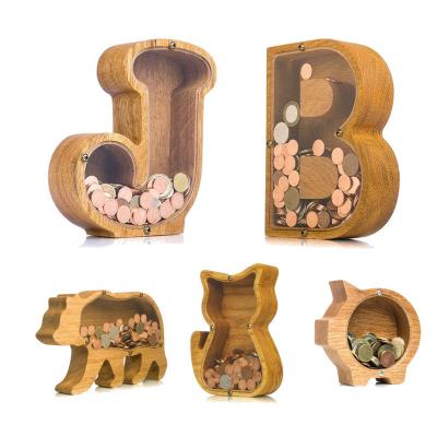 China The English Alphabet Animals Piggy Bank Coin Money Saving Box Funny Wooden Jar The Storage Box Desktop Ornament Decor Home Crafts for sale