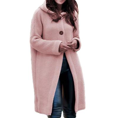 China Autumn And Winter Women Solid Two Button Mid Length Anti-wrinkle Hooded Knitted Cardigan for sale