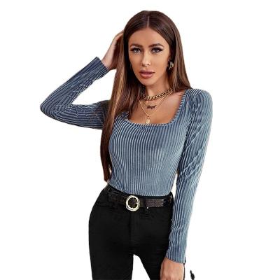 China 2021New Square Neck Comfy Sexy Solid QUICK DRY Long Sleeve Commuter T-Shirt Slim Fit Top For Women Feminine for sale