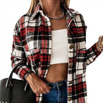 China Anti-wrinkle Autumn And Winter Wool Blend Plaid Shirt Coat Retro Plaid Loose Casual Women's Long Sleeve Jackets for sale