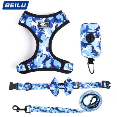 China Lovely New Popular Pet Leash Collar Harness Polyester Pattern Dog Harness Tactical Soft Bow Tie And Leash Set for sale