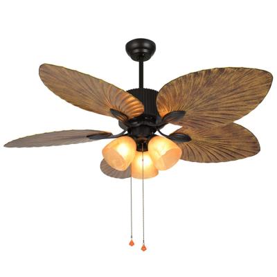 China Kdk Tropical High Leaf Large Leaves Hotel Fancy Vintage 5 Rustic Ceiling Fan With Light Kits Chandelier for sale