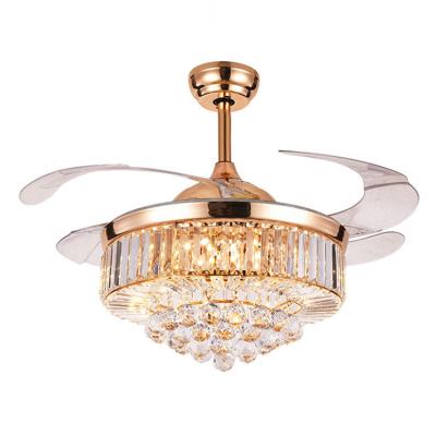 China Luxury Arabic Crystal Fancy Hidden Transparent Blade Hotel Chandelier Retractable Ceiling Fan with LED Light for sale