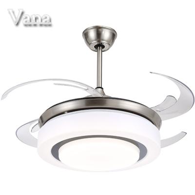 China Chandelier LED Nickel Room Hotel Recessed Folding Remote Control Ceiling Fan With Light Transparent Clear Folding Hidden Blades for sale