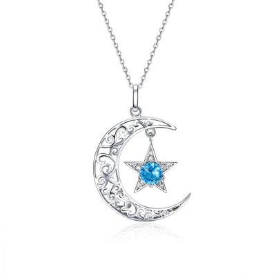 China Trendy Custom Fashion Sterling Silver Necklace For Women Colorful Diamond Crystal Moon Star Pendant Necklaces Jewelry Birthstone Gift for sale