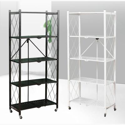 China Multifunctional Living Room Trolley Folding Rack 3 Tier Kitchen Corrosion Protection Kitchen Display Rack Folding Metal Storage Rack With Wheel for sale