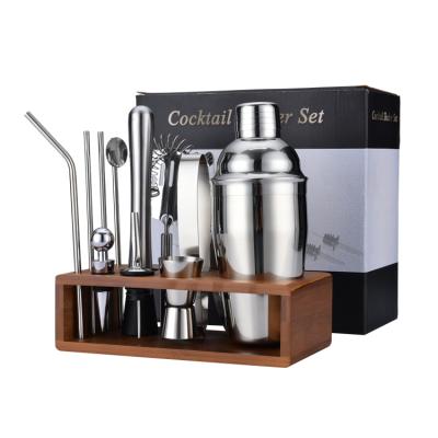 China Stainless Steel Amazon Success 550ml 18oz Bamboo Holder 13 Piece Stainless Steel Cocktail Shaker Set for sale