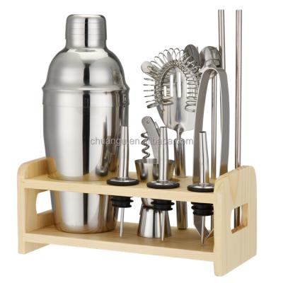 China Wooden Stand 550ml Stainless Steel Amazon Cocktail Shaker Bartender 13 Piece Kit for sale