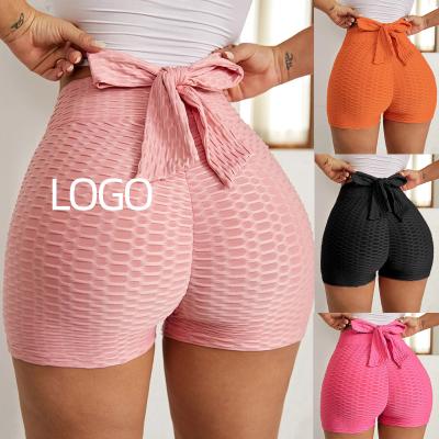 China QUICK DRY Workout High Waist Yoga Slimming Sports Bow Tie Textured Women Shorts With Bow Yoga Slimming Sports Shorts for sale