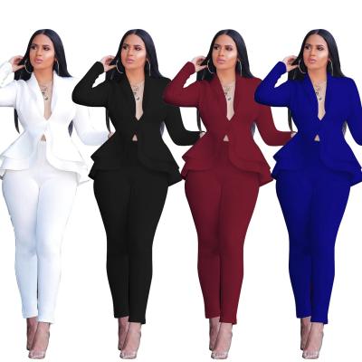 China Waterproof Blue 2 Piece Sets Sheath Long Peplum V Neck Tops And Pant Women Suits for sale