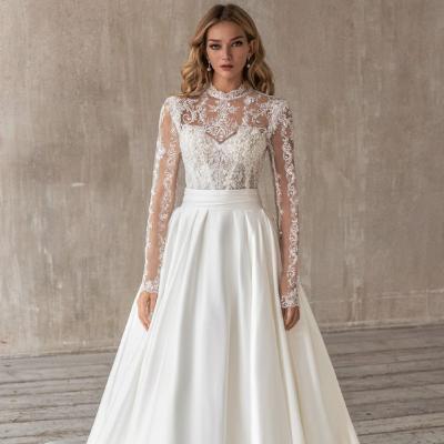 China New Style Breathable Luxury Design Long Sleeves Lace Up High Quality Shiny Skinny Satin Custom Made Wedding Dress for sale