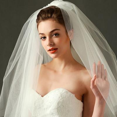 China Lace Edge Hot Short Style Double-Layer Wedding Veil Bridal Hair Comb Shape Fluffy Lace Bridal Veils for sale