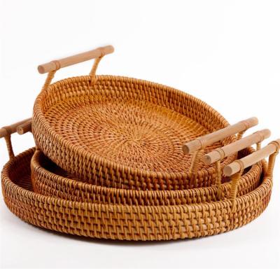 China Wholesale CLASSIC Breakfast Bread Hand & Round Woven Rattan Storage Tray Set with Handle Portable Picnic Storage Basket for sale