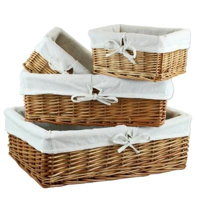 China Folding Natural Shallow Wicker Storage Basket With Fabric Lining for sale