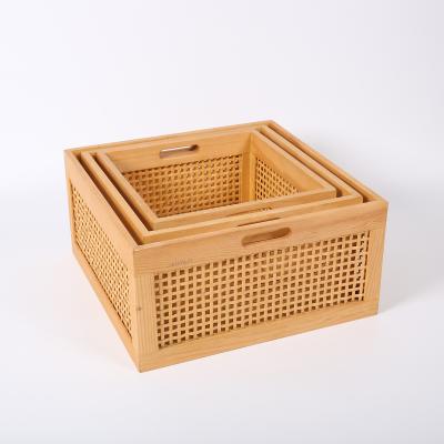 China Bamboo Type Folding Wooden Rattan Porch Storage Box Basket Living Room Drawer Sundry Boxes Storage Basket Table Storage Box for sale