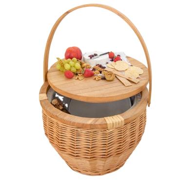 China Hot Folding Turned Wicker Picnic Hamper With Wooden Lid And Dropped Handle Storage Picnic Basket for sale