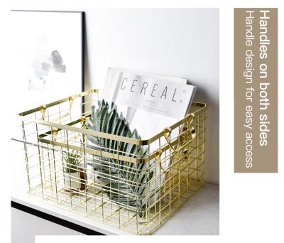 China Wholesales Household Storage Rose Gold Rectangle Metal Wire Storage Baskets Organizer Stocked Basket for sale