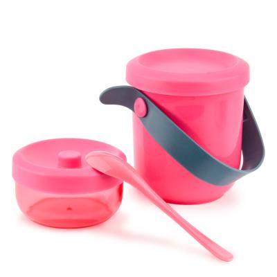 China Viable Wholesale Portable Plastic Tumbler With Silicone Strap Kids Snack Cup With Lid And Spoon BPA Free for sale