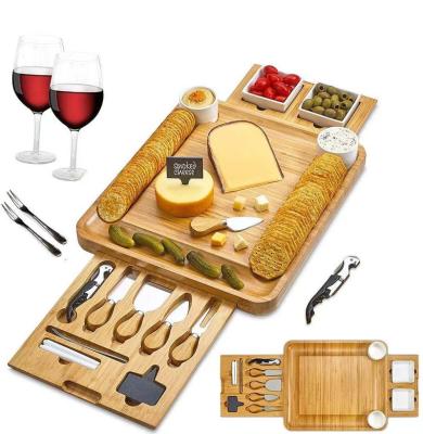 China Sustainable Bamboo Cheese Board And Knife Set Ceramic Opener Tray Charcuterie Board Wooden Serving Bowls Wine Organic for sale