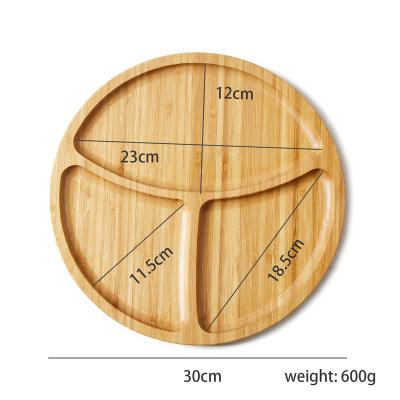 China Kitchen Sustainable 30CM Round Bamboo Dish Set Tableware Dinner Dishes For Weddings 3 Divided Serving Tray for sale