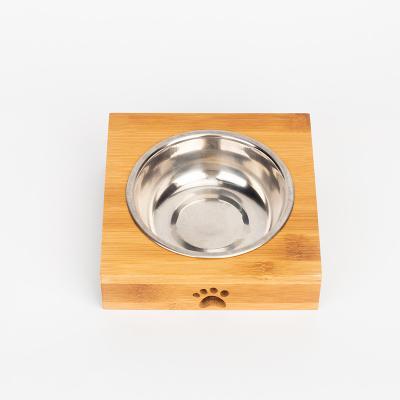 China Sustainable Custom Logo Bamboo Stand and Single Bowl Stainless Steel Pet Food Rolls Dog Food Bowls for sale